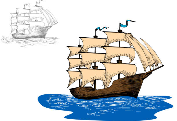 altes segelschiff in ruhigen blauen meer - bark stock-grafiken, -clipart, -cartoons und -symbole