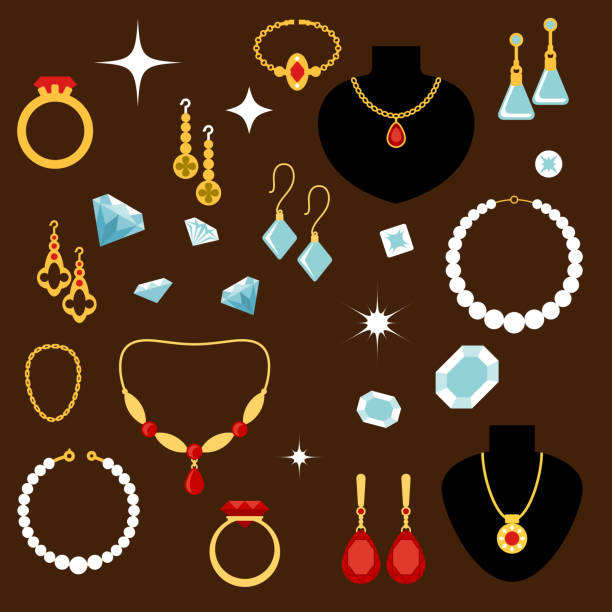 Jewelleries and gemstones flat icons Luxury precious jewelries flat icons of rings, necklaces, chains with pendants, earrings and bracelets, inlaid with diamonds, rubies, pearls and sapphires gem jewelry gold glamour stock illustrations