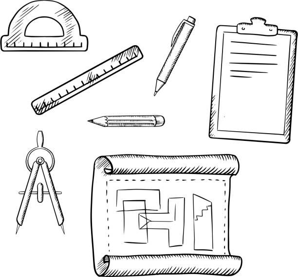 Architect Drawing And Tools Sketches Stock Illustration - Download Image  Now - Clipboard, Drawing - Art Product, Sketch - iStock
