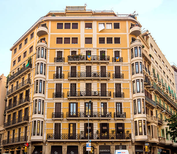 Barcelona, Spain - July 11, 2016: Barcelona (Catalunya, Spain): buildings in the Avinguda del Paral-lel. Black and white