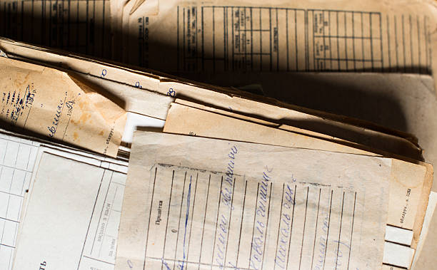 Pile of the old paper documents in the archive stock photo