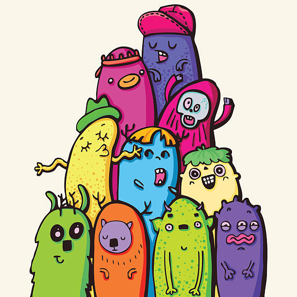 ilustrações de stock, clip art, desenhos animados e ícones de mão desenhada sarrabisco monstros grupo - child waiting in line in a row party