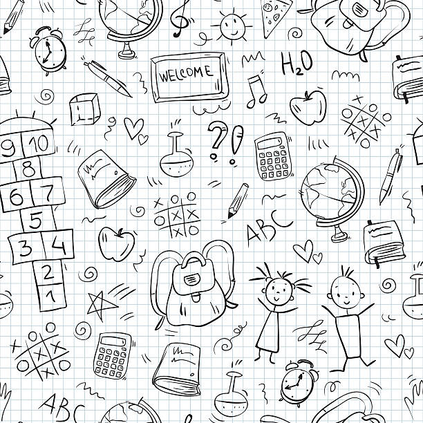 illustrazioni stock, clip art, cartoni animati e icone di tendenza di icone scuola di disegno a mano seamless pattern - learning child education globe