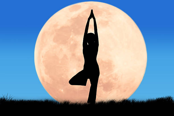 istock Silhouette young woman practicing yoga on full moon background 496234856