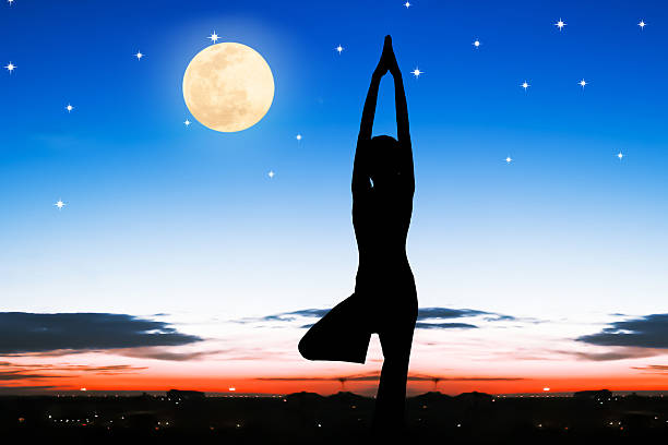 istock Silhouette young woman practicing yoga  on night full moon backg 496235102