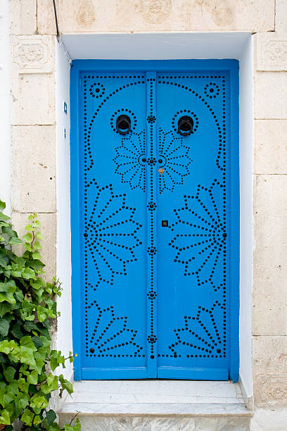 istock Blue doors and white wall of building in Tunisia 496235504