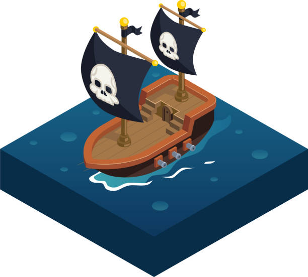 illustrations, cliparts, dessins animés et icônes de isométrique bateau pirate 3d icône symbole de la mer à design arrière-plan - isometric nautical vessel yacht sailboat