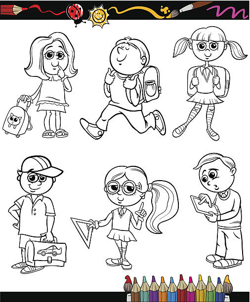 school kids group cartoon coloring book Coloring Book or Page Cartoon Illustration of Color and Black and White Primary School Students or Pupils Boys and Girls Characters Set for Children how to draw a school building clip art stock illustrations