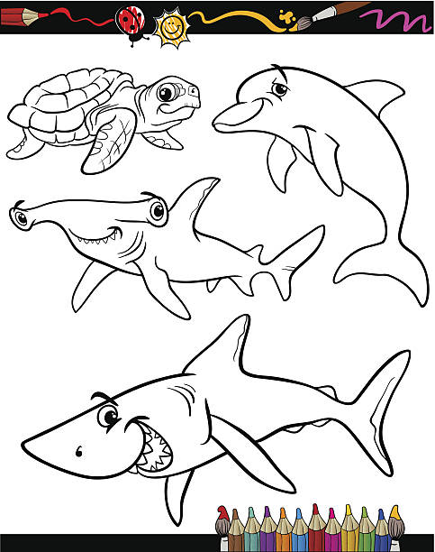 Sea Life Animals Cartoon Coloring Book Stock Illustration - Download Image  Now - Shark, Coloring Book Page - Illlustration Technique, Coloring - iStock