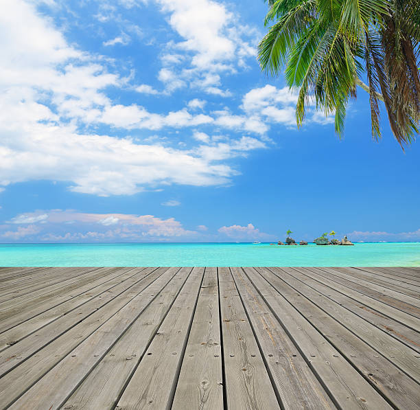 istock Wooden balcony beside tropical beach 496238030