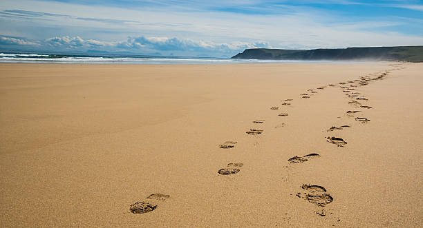 istock Footprints of hiking boots on a remote beach 496238629