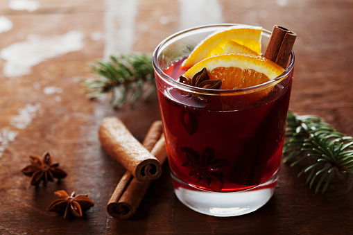 Christmas mulled wine or gluhwein with cinnamon and anise star