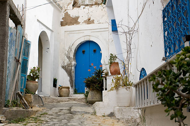 istock Blue doors, window and white wall of building 496240802