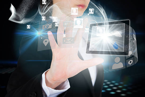 istock Businesswoman touching interface with profile pictures 496241205