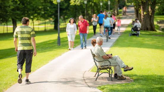 People walking on footpath in park, senior couple sitting on park bench.