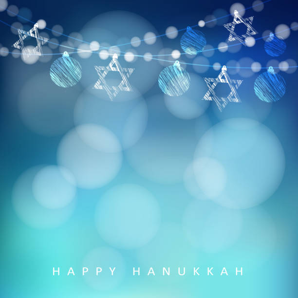 hannukah greeting card, garland of lights and jewish stars, vector - yom kippur illüstrasyonlar stock illustrations