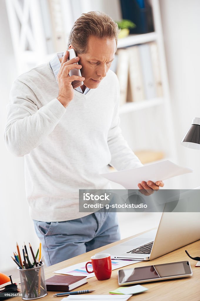 Discussing some business issues. Confident mature man talking on the mobile phone and looking at his laptop while standing near his desk in office 2015 Stock Photo