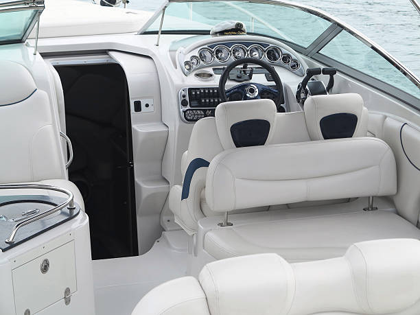 istock Steering wheel command pilot place on a luxury yacht 496256842