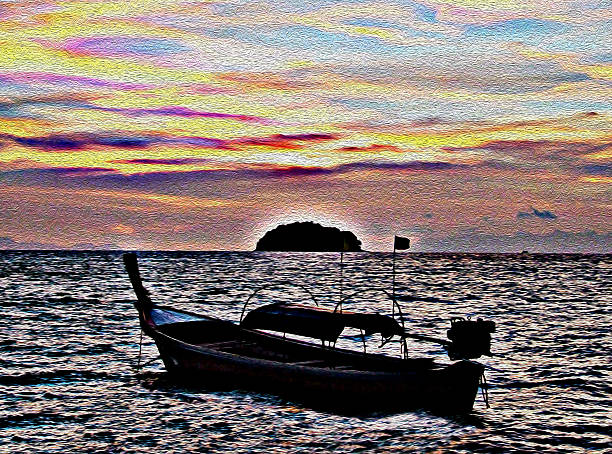 istock Boat and sunset abstract background oil paint style 496262199