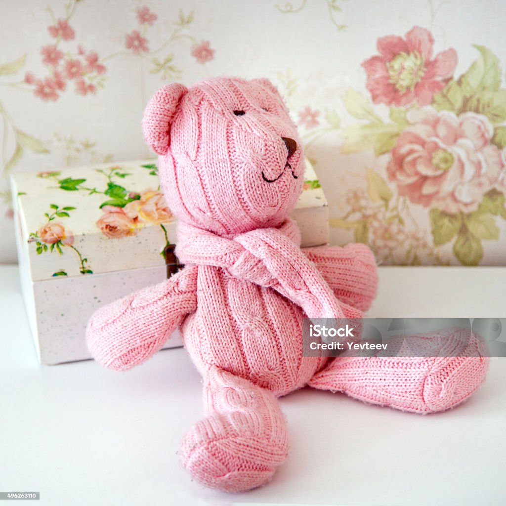 Pink Teddy Bear Knitted Sits On A Shelf Stock Photo - Download ...