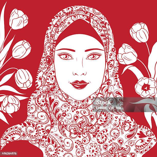 Contour Image Of Muslim Girl In Hijab Stock Illustration - Download Image Now - 2015, Adult, Adults Only