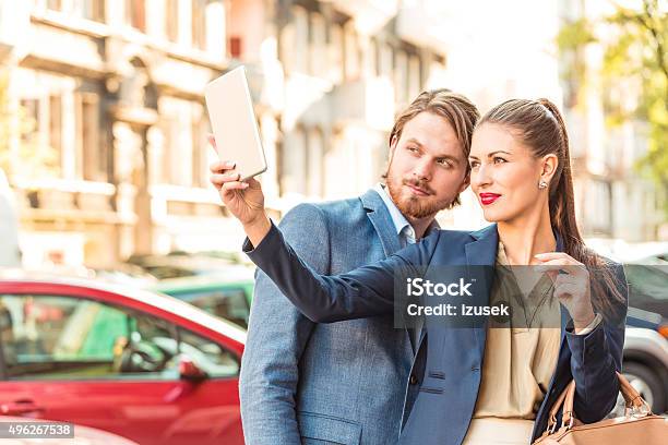Business Colleague Taking Selfie On The Street Stock Photo - Download Image Now - 2015, Adult, After Work