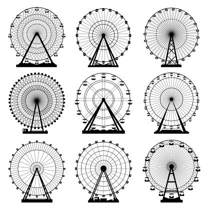 Vector illustrations set. Ferris wheel. Carnival. Funfair background. 