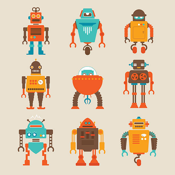 illustrations, cliparts, dessins animés et icônes de jeu de style rétro des robots - robot