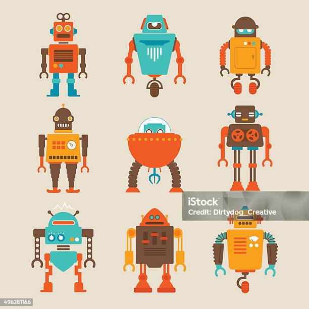 Set Of Retro Robots Stock Illustration - Download Image Now - Robot, Vector, Retro Style