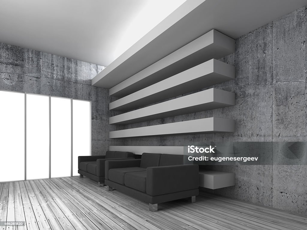 White modern interior with black leather sofas White modern interior background with black leather sofas and empty windows, 3d render illustration 2015 Stock Photo