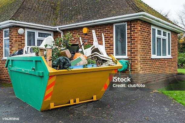 Full Rubbish Skip Stock Photo - Download Image Now - Industrial Garbage Bin, House, Garbage