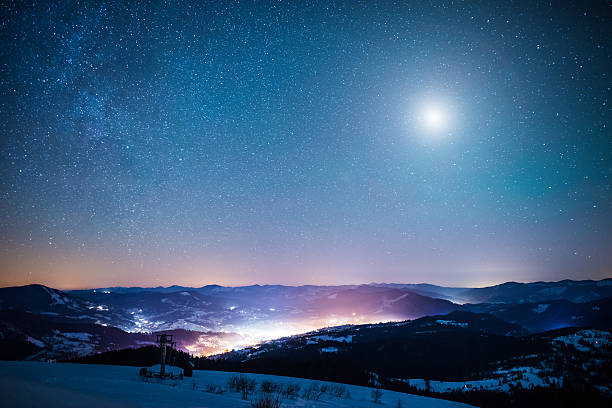 Winter moon Snowy view in Carpathian Mountains, winter landscapes series.  fir tree horizon forest woods stock pictures, royalty-free photos & images