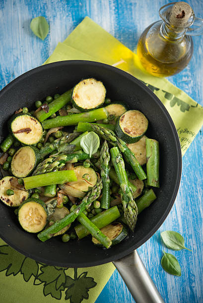 Fried green vegetables (zucchini, asparagus, peas, green onion)