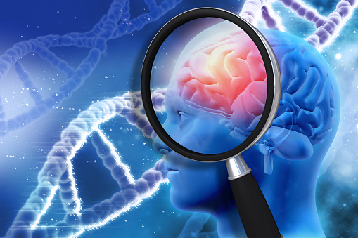 3D medical background with magnifying glass examining brain depicting alzheimers research