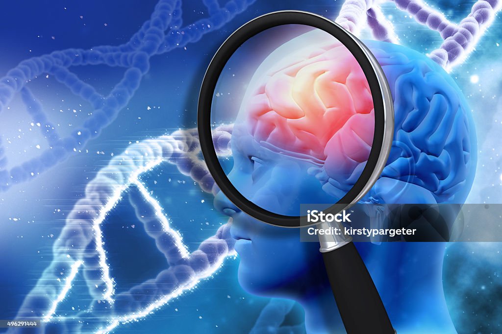 3D medical background with magnifying glass examining brain 3D medical background with magnifying glass examining brain depicting alzheimers research Alzheimer's Disease Stock Photo