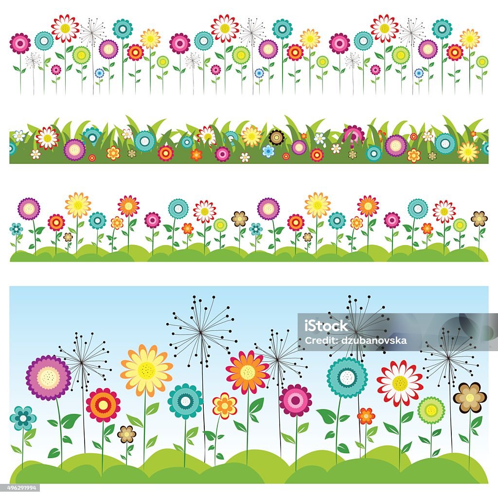 Grass and flowers seamless borders. Set of floral horizontal patterns. Children design. Springtime stock vector