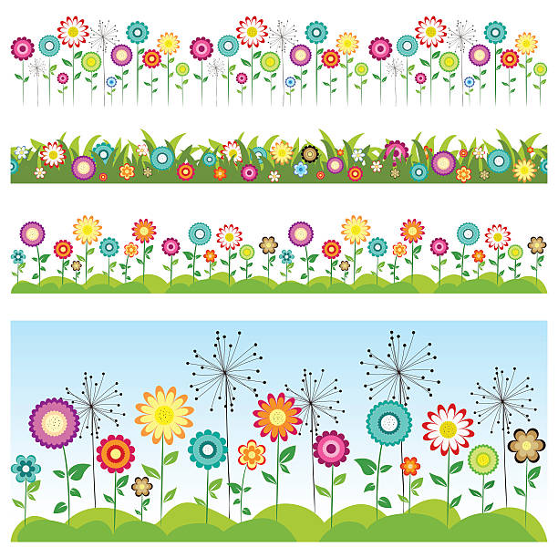 Grass and flowers seamless borders. Set of floral horizontal patterns. Children design. spring clipart stock illustrations