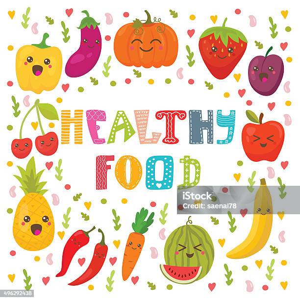 Healthy Food Concept Card Cute Happy Fruits And Vegetables Stock Illustration - Download Image Now