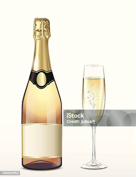 Vector Bottle Of Pink Champagne And Full Glass Stock Illustration - Download Image Now - Champagne Flute, Illustration, No People