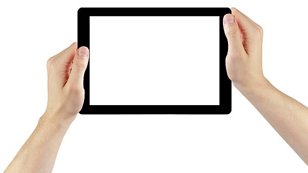istock adult man hands holding generic tablet pc with white screen 496304109