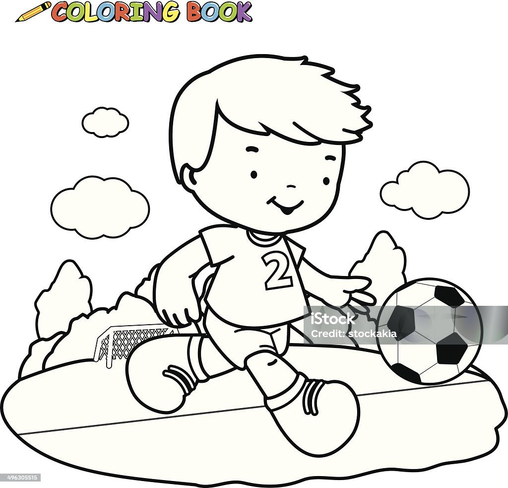 Coloring book kid playing football Vector Illustration of a black and white outline image of a boy playing soccer. Coloring book page. Child stock vector