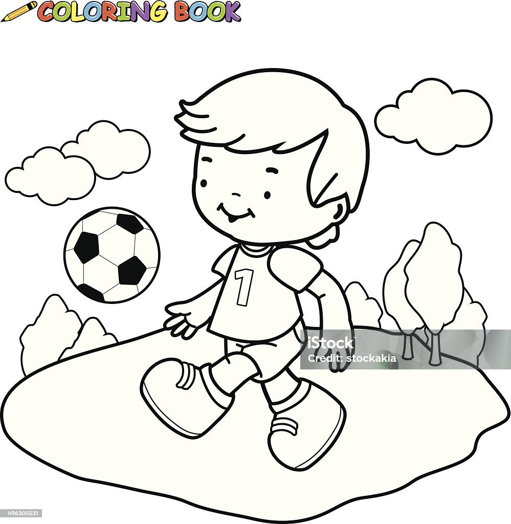 Coloring book Soccer Kid Vector Illustration of a black and white outline image of a boy playing soccer. Coloring book page. Coloring Book Page - Illlustration Technique stock vector