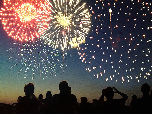 silhouette von zuschauern an feuerwerk am 4. juli - canada day fotos stock-fotos und bilder