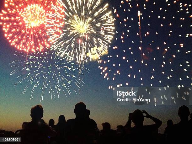 Silueta De Espectadores A Los Fuegos Artificiales Del 4 De Julio Foto de stock y más banco de imágenes de Fuegos artificiales