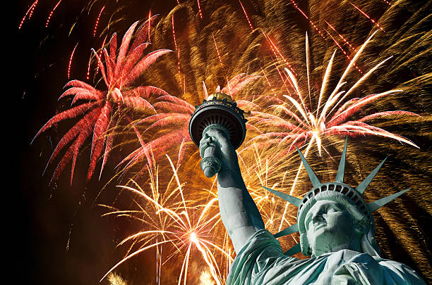 Firework display and the Statue of Liberty stock photo