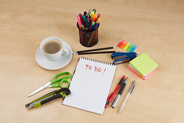 istock Office tools on the wooden desk 496307967