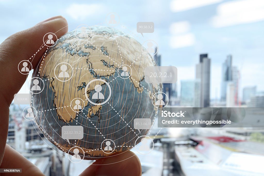 close up of businessman hand showing texture the world close up of businessman hand showing texture the world with digital social media network diagram concept Elements of this image furnished by NASA london city background 2015 Stock Photo