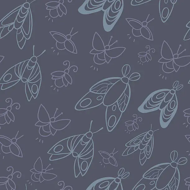 Vector illustration of Night creatures seamless vector pattern with moths and fireflies.