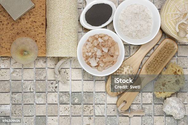 Bathroom Accessories Stock Photo - Download Image Now - Domestic Bathroom, High Angle View, Loofah