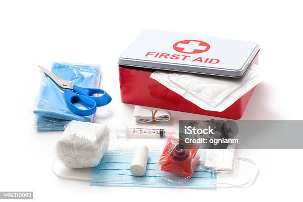 First Aid Kit Box And It Content Stock Photo - Download Image Now - First Aid Kit, Bandage, Face Guard - Sport